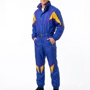 Vintage Descente One Piece Ski Suit 80s 90s Retro Neon Blue Purple Yellow Mens M
